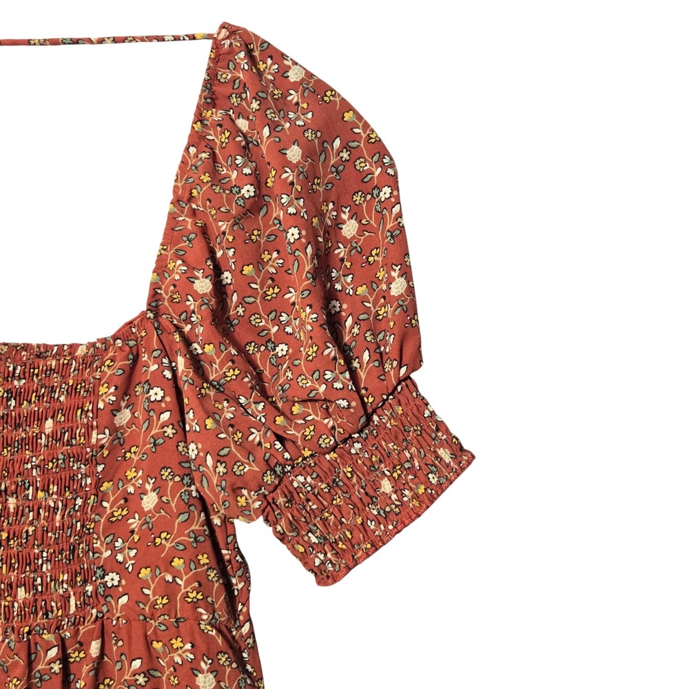 Trixxi Floral Puff Sleeve Mini Dress Rust Orange M Cottagecore Boho Romantic - Picture 4 of 12